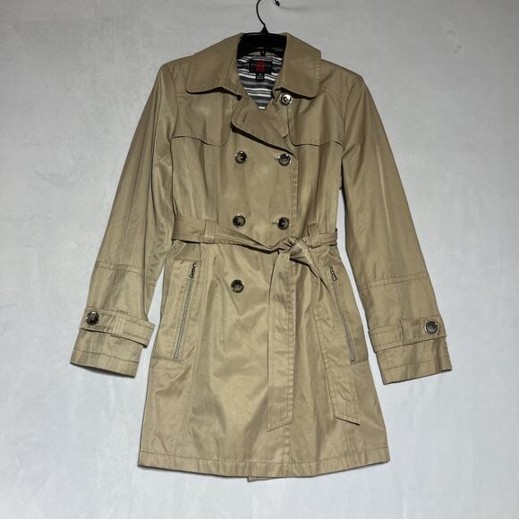 Gallery Trench Coat Womens Medium Tan Double Breasted Belted Mid Length Classic - Picture 1 of 14